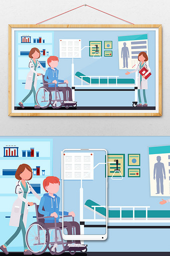 创意小清新医生护士患者轮椅医疗场景插画图片