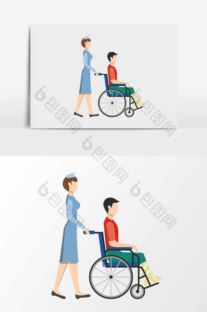 手绘卡通病人护士轮椅