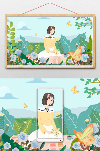 绿色蓝色唯美浪漫风女孩野餐草地蝴蝶插画图片