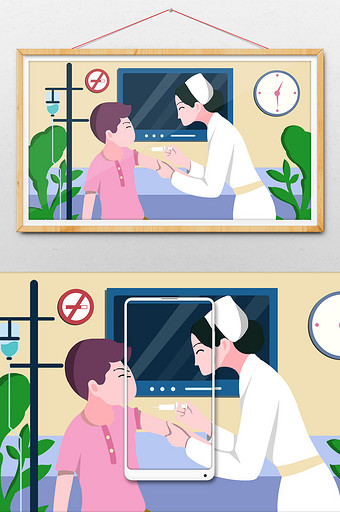 创意小清新护士给患者注射医疗场景插画图片