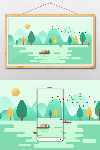 扁平化清新绿水青山风景插画背景图片
