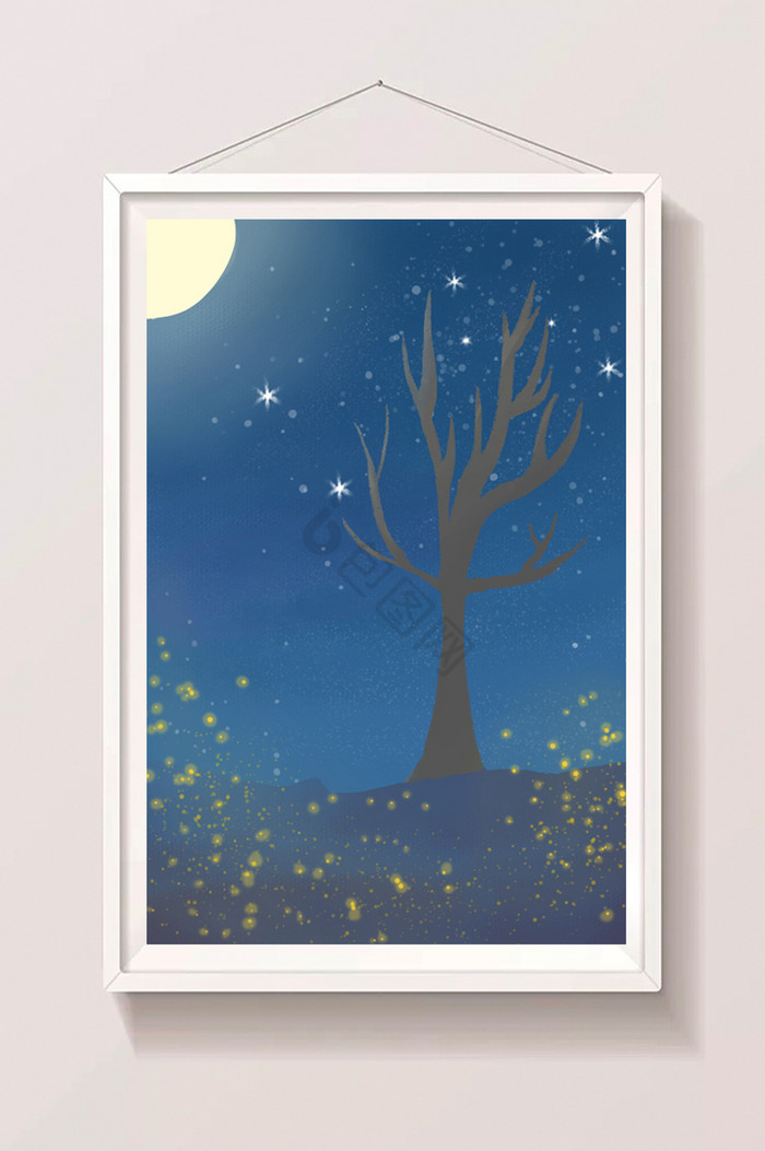 深蓝夜晚的萤火之树图片