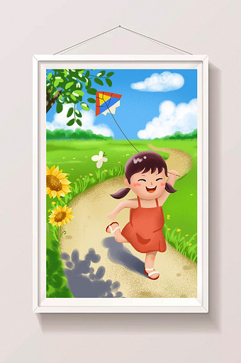 小清新学生放假暑假休闲放风筝插画图片
