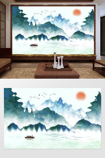 中式山水水墨风客厅电视背景墙图片