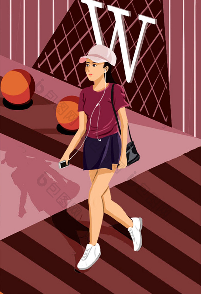 创意红色时尚少女街边广场电商首页插画设计