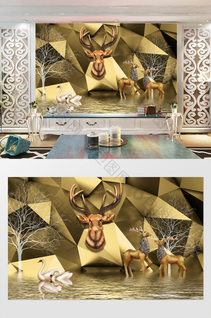 北欧金色复古麋鹿背景装饰画