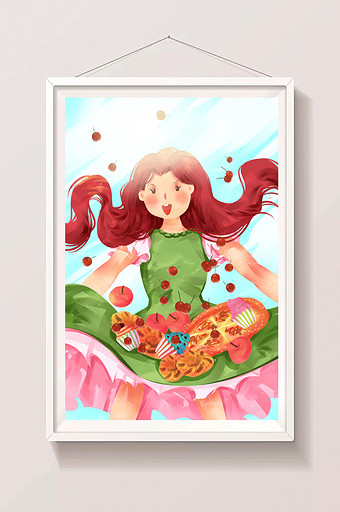 清新卡通可爱少女与美食野餐插画图片