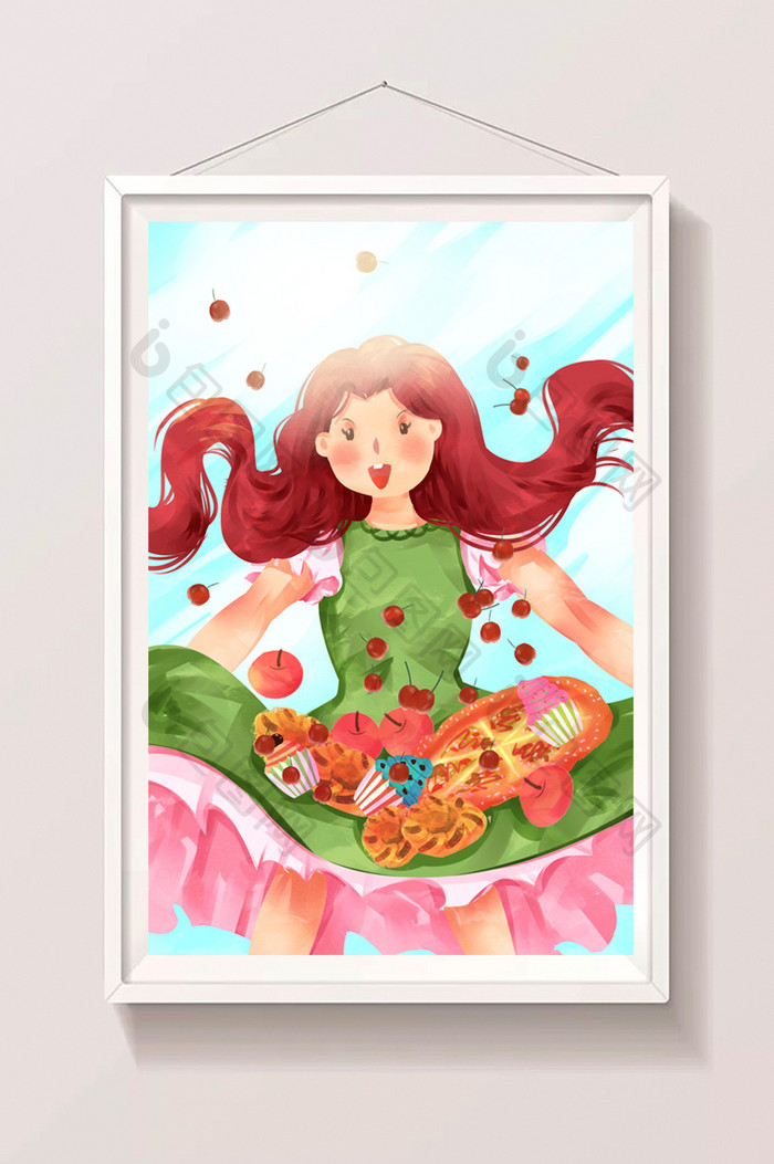 清新卡通可爱少女与美食野餐插画