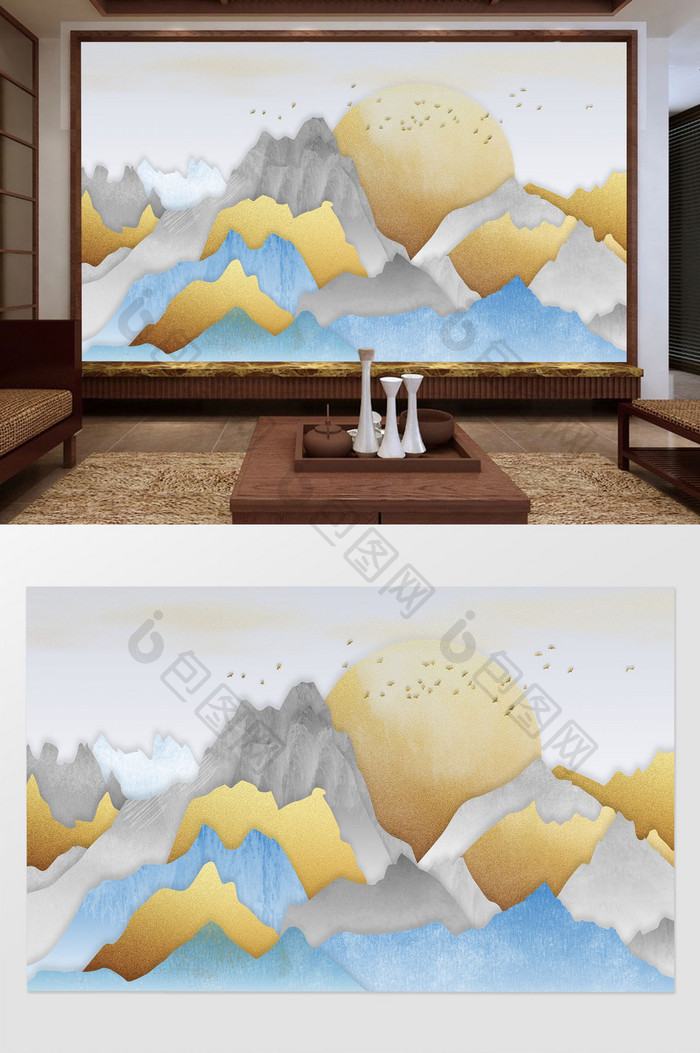 新中式手绘山水金箔画电视背景墙定制