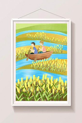 清新黄色孩子们暑假水面游玩划船插画图片