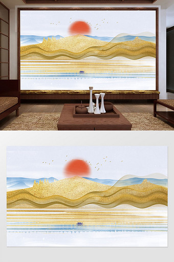 新中式金箔山水抽象线条电视背景墙定制图片