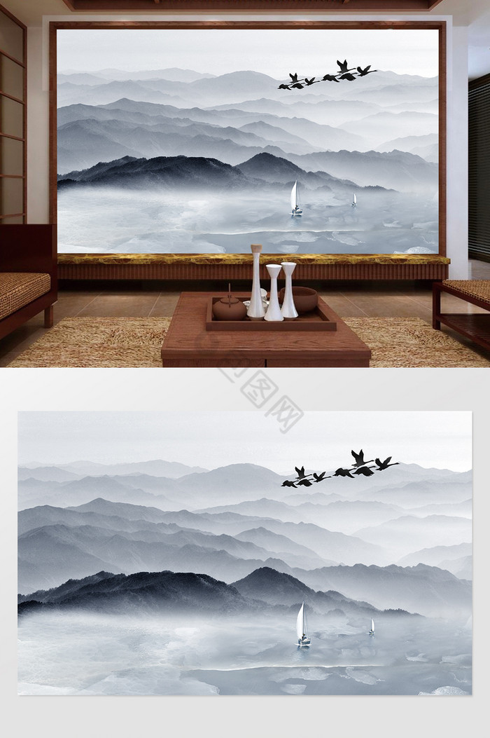 新中式抽象山水风景背景墙图片
