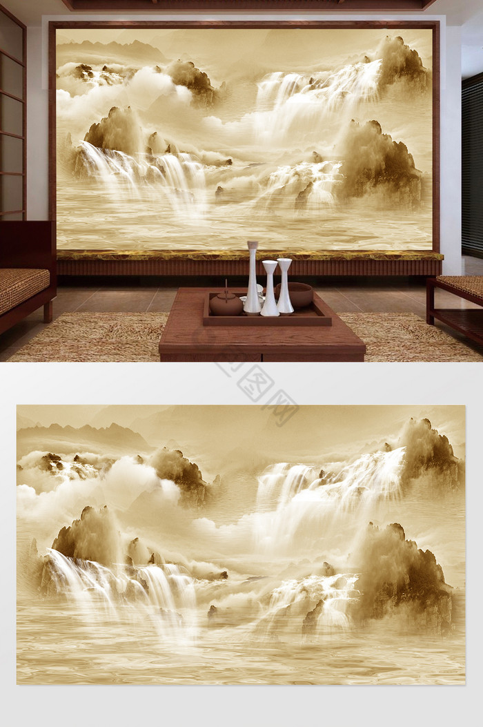 中式抽象山水瀑布背景墙图片