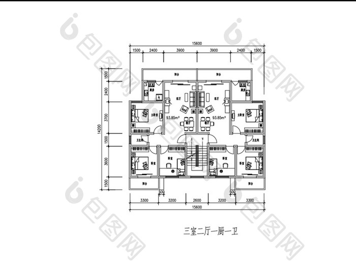 三室两厅一厨一卫93平米CAD户型图