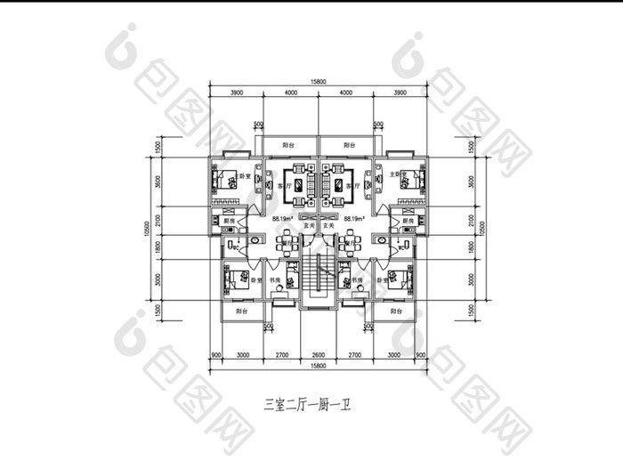 三室两厅87平米一梯两户CAD图纸