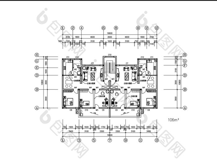 一梯两户106平米三室两厅CAD户型图