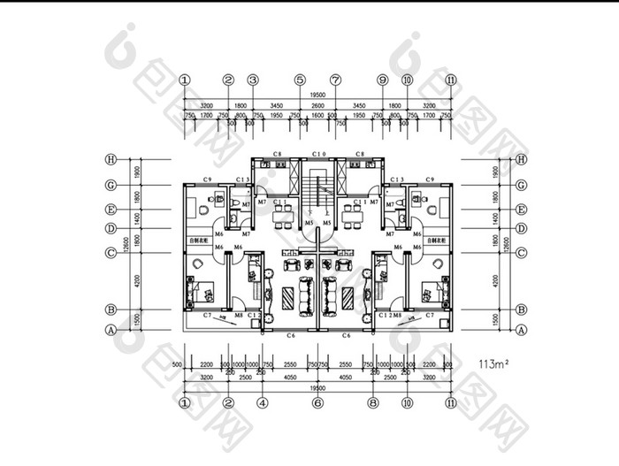 一梯两户113平米三室两厅cad户型图