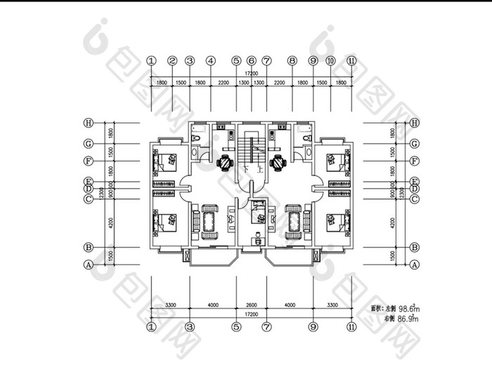 一梯两户98米86米两室两厅CAD图纸