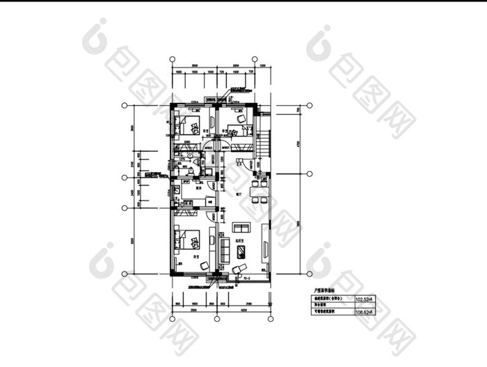 102平米三室两厅CAD户型图纸