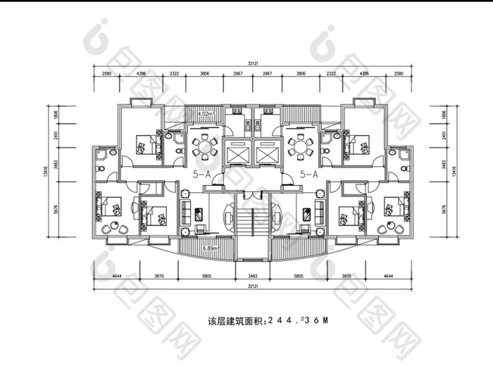 电梯房一梯两户总面积244平米CAD图纸