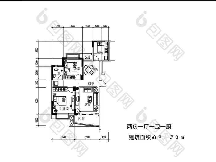 两室一厅一厨一卫89平米CAD户型图