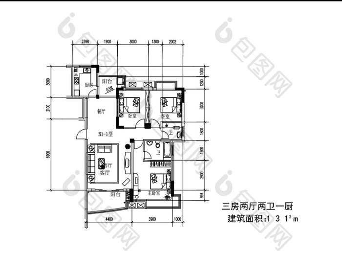 三室两厅两卫一厨131平米CAD图纸