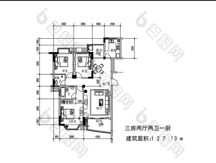 三室两厅两卫一厨127平米CAD图纸