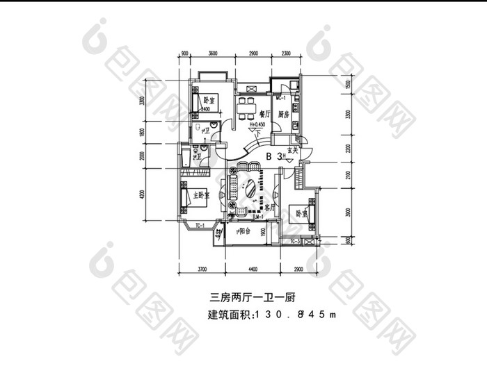 三室两厅一卫一厨130平米CAD图纸