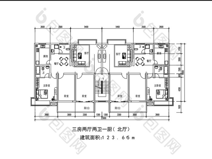 一梯两户三室两厅两卫123平米CAD图纸