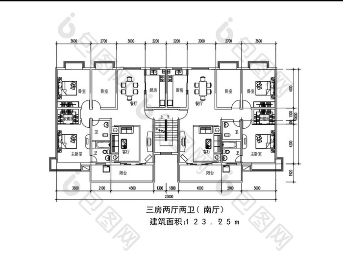 三室两厅两卫123平米一梯两户CAD图纸