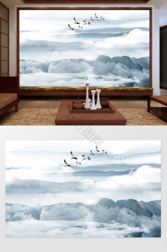 新中式抽象蓝色山水图片