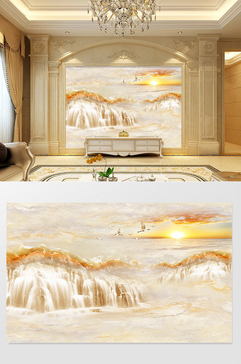 大理石纹山水花日出背景墙金黄云瀑图片