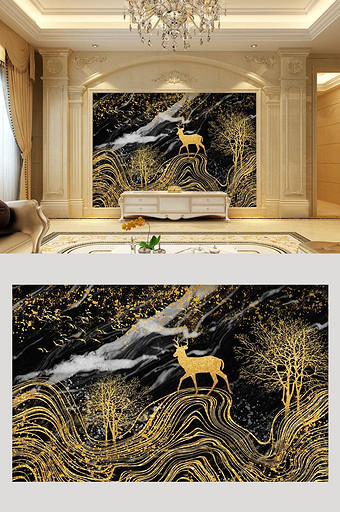 北欧金色麋鹿大理石背景装饰画图片