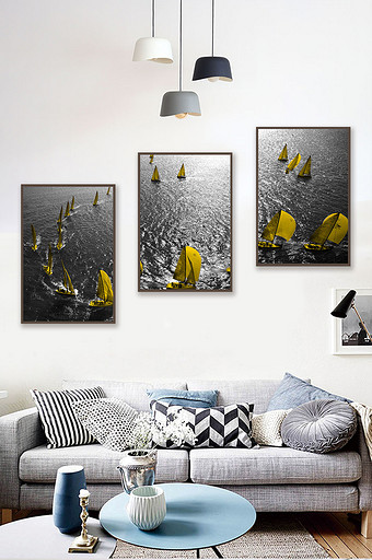 北欧风ins反色差黑白黄色帆船装饰画图片