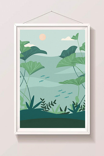 唯美清新夏季荷塘池塘荷叶植物插画背景图片