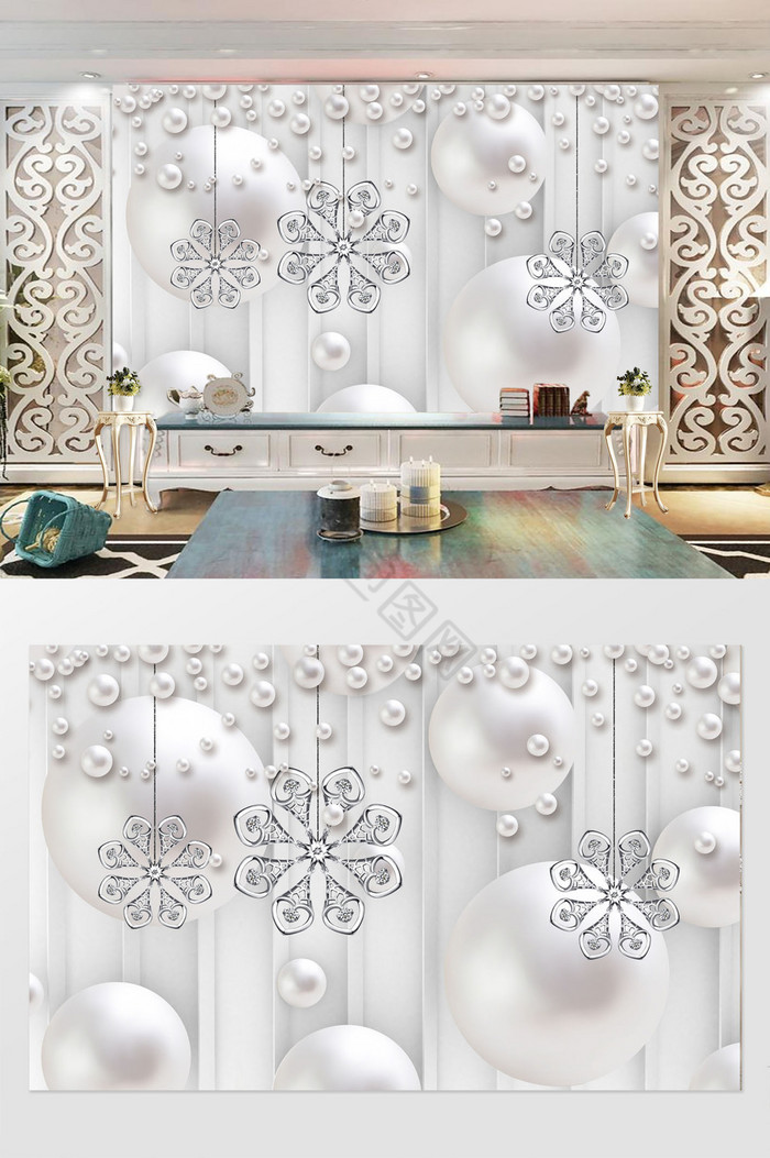 白色简洁梦幻奢华珠宝珍珠3D立体背景墙图片