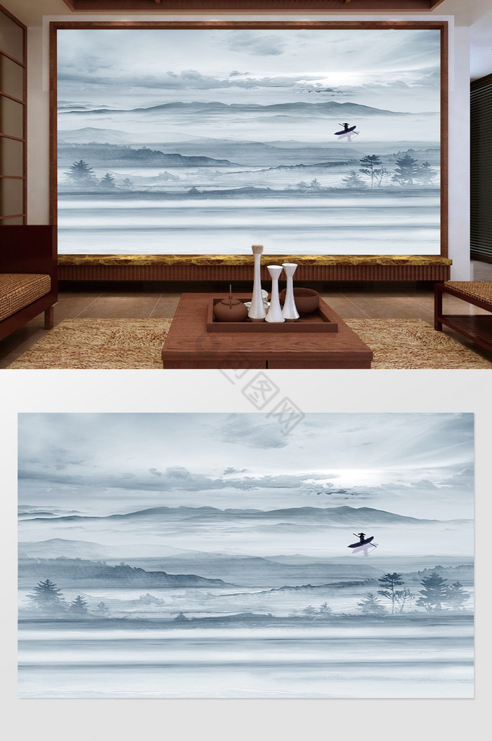 新中式山水写意花鸟抽象标背景墙图片