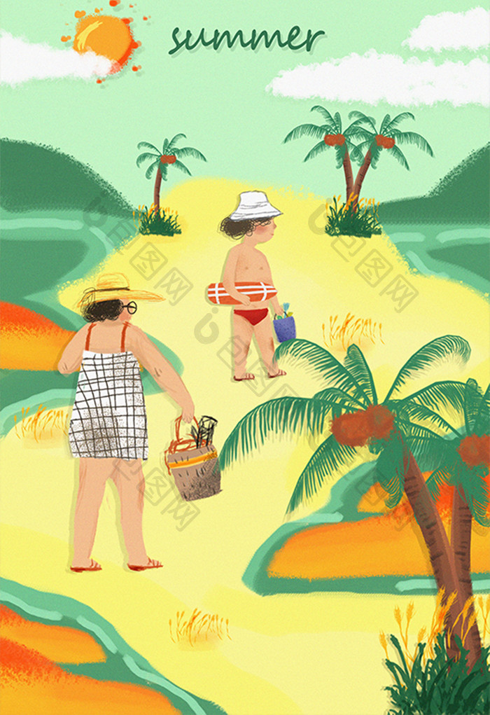 卡通清新夏日大暑海边沙滩夏威夷度假插画