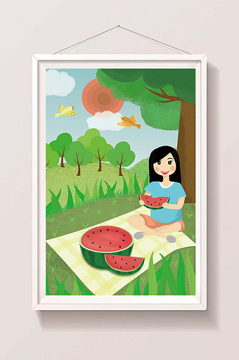 创意卡通可爱卡通女孩吃西瓜小暑系列插画图片