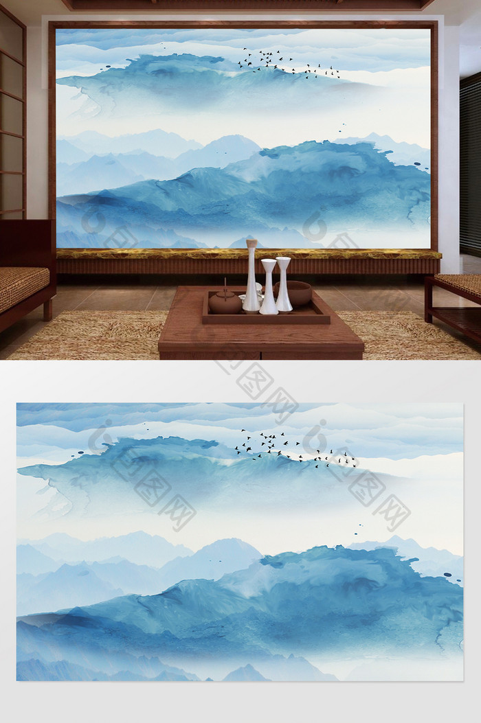 新中式蓝色山水背景墙