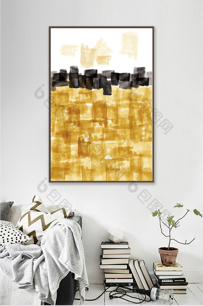 手绘抽象水彩金箔色块客厅装饰画