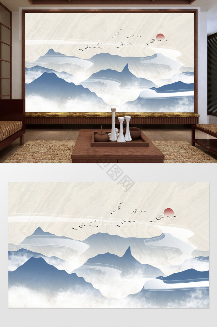 中式意境水墨淡蓝色山水电视背景墙图片