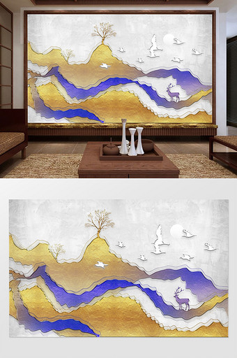 新中式抽象质感山水意境电视背景墙图片