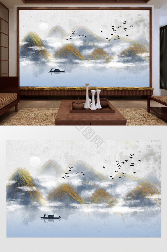 中式意境山水风景电视背景墙图片