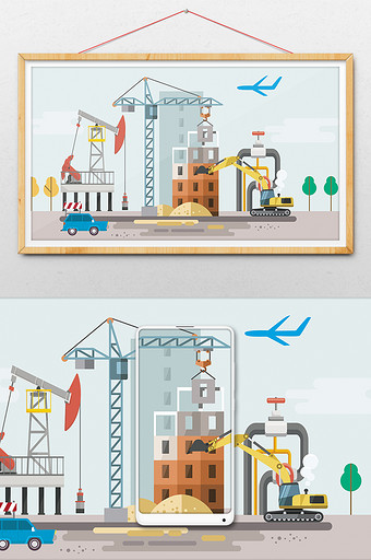 建筑工程塔吊挖掘机插画图片