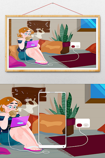 暑期生活女孩室内上网休闲喝咖啡插画图片