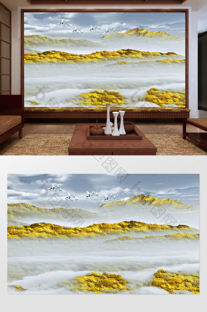 新中式金色抽象风景山水画