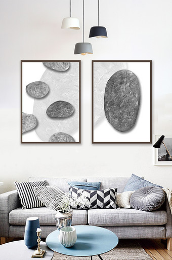 抽象石头黑白装饰画两联图片