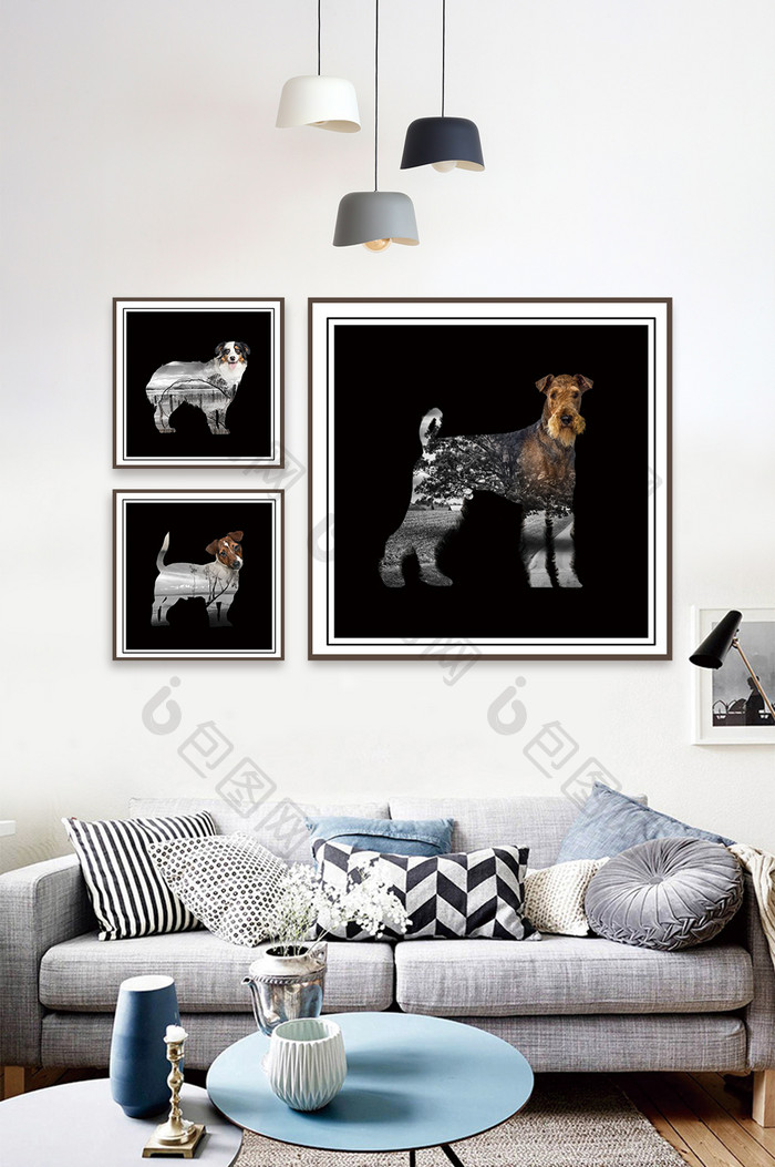 抽象文艺动物剪影小狗客厅现代创意装饰画