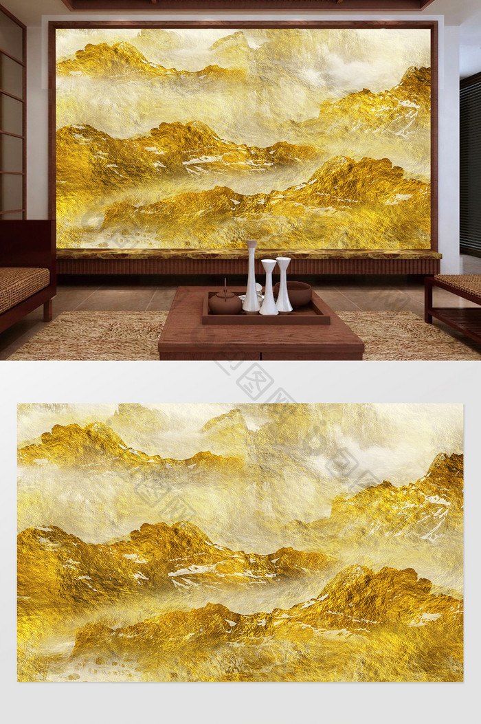 金色新中式抽象山水背景墙